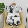 Clothing Sets Western Baby Boys Boutique 2024 Korean Style Halo Dyeing Turn-down Collar Short Sleeve Shirts And Shorts Boy Outfit Set