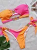 Frauen Badebekleidung sexy Bandeau Bikini 2023 Frau Luxus Orange Patchwork ausgeschnittene Strass -Badeanzug Badeanzug Tanga Badebode Strand Outfits Y240429