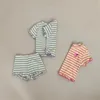 Sommer Baby Striped Short Sleeve Cloding Set Girl Ohrkante 2 Stücke Anzug Kinder Traubenmuster Kleidungsstücke 240426