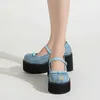 Scarpe da abbigliamento Mary Jane Platform Women 2024 8 cm tallone grosso in denim blu con papillon da filo per il college H240430