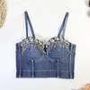 Frauen Tanks Frauen Sommer Denim Bodycon Crop Top mit BH zum Abnutzen der High Street Crystal Diamonds Tassel Club Party Bustier Camisole Tops