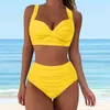 Women's Swimwear High Waisted Bikinis For Summer 2 Piece Swimsuits Retro Solid Push Up Ruched Bathing Suit Halter Swim Beachwear