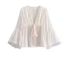 Women's Blouses Summer White Chiffon Blouse For Women Full Sleeve Hook Flower Ribbon V-Neck Female Tops Thin Sheer Ruffle Chic And Elegant