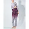 Pantalon de deux pièces pour femmes GGHK Miyake Mode Dégradé Imprimé Plissé 2 Pièces Ensemble Femmes O-Cou Manches Longues T-shirt Et Droite 2024 Printemps