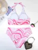 Frauen Badebekleidung 2024 großer Druckhalter -String -Bikini zweiteiliger Hochtaille Badeanzug Frauen Frauen Badeanzug Strandbekleidung Schwimmen