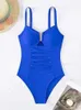 Women's Swimwear One Piece Swimsuit 2024 Mujer Women Solid Black V Neck Hollow Out Pleate Tummy Control Swimwear Beach Bathing Suit Slim Monokini Y240429