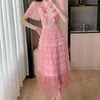 Robes décontractées 2024 Summer Luxury Sweet Pink Mesh Cake Robe Femme Elegant Abrodery Brodemery Lace Short Mancheve High Waist Party Princess