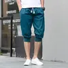 Men's Pants Summer Sports Trend Versatile Casual Shorts Solid Elastic Waist Drawstring Pockets Cotton Calf Length Cropped