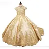 Girl's Pageant Dresses Modest Gold Sequins Lace Satin Flower Girl Gowns Formal Party Dress For Teens Kids Size 0431