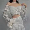 Kvinnors T-skjortor Chiffon Bow Crop Top Women Off Axel Puff Sleeve Shirt Estetic Tee Autumn Sexig Elegant Fairy See Through T-shirt