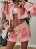 Scherma di gonne Pink Patchwork Denim Set a due pezzi per Womens Autumn Y2K Giacca da bavaglio originale Edge Mini in pelle da donna Abbigliamento giapponese set XW