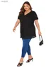女性用TシャツプラスサイズVネックエレガントな夏のスプリングレースパッチワークシャツ女性3/4スリーブカジュアルワークオフィスブラックチューニングトップ大型サイズ7xlwx