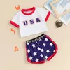 Kleidungssets 4. Juli Kinder Mädchen Outfits Buchstaben Print Crew Hals Kurzarm T-Shirts Stars Shorts 2pcs Kleidung Set