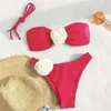 Bikini de maillots de bain féminin ensemble sexy 3d fleur de fleur de rose rouge maillot de maillot de bain 2024 halters à cordes