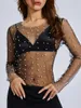 Blouses pour femmes Femmes Pearlles brillantes strass à manches longues Crops Crops rond