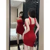 Casual Dresses Christmas Spicy Girl Neck Hanging Strap Dress Women Wool Splice Wrapped Chest Velvet Pleated Fashion Slim Solid Winter Lady