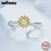 Band Rings WOSTU 925 Sterling Silver Yellow Sunflower Open Ring Clover Adjustable Turquoise Womens Wedding Party Jewelry Gifts Q240429
