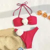 Bikini de maillots de bain féminin ensemble sexy 3d fleur de fleur de rose rouge maillot de maillot de bain 2024 halters à cordes