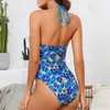 Da bagno da bagno estivo da donna salto da donna triangolare blu stampato blu spiaggia senza schiena bikini in vita alto