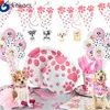 Mesa de mesa de plástico descartável 1 Conjunto de cães de cachorro rosa material de aniversário suprimentos de cachorro pata de tábua estampada xícaras guardas