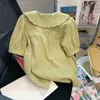 Women's T-Shirt DAYIFUN Plus Size Womens Green Flower Embroidered Doll Neckline Womens Loose Bubble Sleeve Top Womens BlueWX