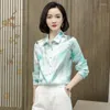 Blusas femininas Birdtree 90%Mulberry Silk 10%Spandex Camisa Primavera Summer Summer elegante colarinho virado de manga longa Casual Top T37752QC