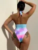 Dames badkleding één stuk zwempak kleur stropdas kleurstof print vrouwen 2024 plunging bather hoog been gesneden sexy baden zwempak zwemkleding