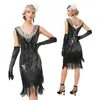 Casual Dresses Vintage 1920s Flapper V-Hals Dubbel Tassel Dress Great Gatsby Cosplay Costume Cocktail Party Charleston Dance Sequin Stud