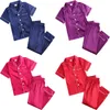 Letnia piżama zestawy dla dziewcząt jedwabne satynowe Toppant Long Rleeve Silny jedwabisty jedwabisty piżama koszuli nocne Dzieciowe odzież dla chłopców ubrania 240420