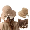 帽子の帽子バケツハット女性のために髪を取り付けたビッグブリムサンハットデタッチ可能なロングウェーブゴールデンハットウィッグスプリング/夏wigl240429