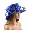 Wide Brim Hats Bucket Hats Blue Satin Cloth Church Hat Deluxe Elegant Photography Hat Beauty Fancy Formal Flower Fascinator Top Hat for Women Ladies Sequin Y240426