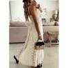 Boho Women spets hemklänning Flower spetsar Tassels Deep V-Neck Bandage Sleeveless Beachwear Summer Dress S-2XL Beige/ White 240415