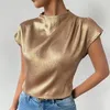 Kvinnors blusar bländande toppkvinnor Löst passande t-shirt glittrande stand-up krage avslappnad fast färg tee för streetwear
