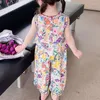 Set di abbigliamento set stampato floreale per ragazze 2024 estate coreane per bambini senza maniche e pantaloni a gamba larga a due pezzi all'ingrosso