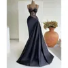 Zwarte satijnen pailletten zeemeermin avondjurken elegant illusie lijfje prom prom sweep trein plooien lange jurk voor speciale ocn