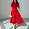 Partykleider Abendkleid Frauen Bubble Sleeve A-Line-Rocktemperament rundes Nacken Solid Color Slim Fit 2024 Sommermodell