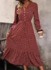 Casual Dresses 2024 Bohemian Autumn Winter Long Sleeve Flare Dress Floral Print Holiday Vintage Swing Vestido Dark Red Ruffle Midi Runway