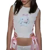 Whitemery Sexy Side Cross Bandage Rib Top Y2K Kawaii Cartoon Graphic Sans manches Crops Summer White O-Leck Corsets 240429