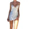 Lässige Kleider Frauen Satin Bodycon Mini Kleid sexy ärmellose V-Ausschnitt Lace Patchwork Spaghetti Gurt Schlinge mit Kreuzung Taille Korsett