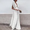 Vestidos casuais polka ponto chiffon verão bohemian praia vestido hollow out flare maxi women v pescoço de retalhos vestidos veno