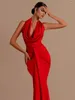 Casual jurken modphy vrouwen sexy backless mouwloze halter v-neck rood gedrapeerde maxi long bodycon jurk 2024 elegante Pary Evening Wedding