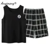 Fashion Pajama Set Men Summer Shorts Plaid Bottom Sleeveless Vest Two Pieces Nightwear Sporty Embroidery Badge Cool Pajamas 240428