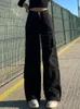 Dżinsy damskie nisko wzniesione czarne workowate kieszonkowe patchwork proste spodni ładunkowy harajuku streetwearne dżinsowe spodnie damskie mody capris
