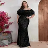 Vestidos de festa sereia preta plus size 2024 vestido de noite fora do ombro mangas curtas babados lantejoulas femininas vestidos de casamento de baile
