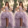 Elegant Lavender High Low Girls Pageant Gowns Lace Applique Flower Girl Dresses For Wedding Tiered Skirt Tulle Puffy Kids Party Dress 0430