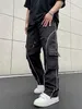 メンズパンツY2Kソリッドストライプコントラストカットドローストリングパンツカジュアルルーズエラスティックウエストパンツ春と夏のメンズ衣類J240429