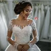 New Sleeves Long Dubai Elegant Wedding Dresses Ball Gown Sheer Crew Neck Lace Appliques Beaded Vestios De Novia Bridal Gowns With Buttons S S