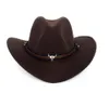 Wide Brim Western Cowboy Hat Men Women Wool Felt Fedora Hats Leather Ribbon Bull Head Band Panama Cap9931814