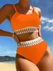 Frauen Bikini Bikini Badeanzug High Tailled Split Body Swimwear Stripe Schwimmanzug Solid Farbe sexy Damen Sommerferienfeier Outfits D240429