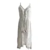 Boho Women spets hemklänning Flower spetsar Tassels Deep V-Neck Bandage Sleeveless Beachwear Summer Dress S-2XL Beige/ White 240415